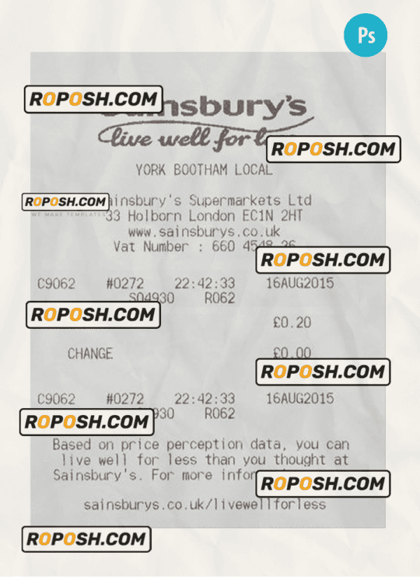 SAINSBURY’S payment receipt PSD template