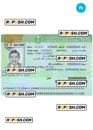 SAUDI ARABIA travel visa PSD template, completely editable, with fonts