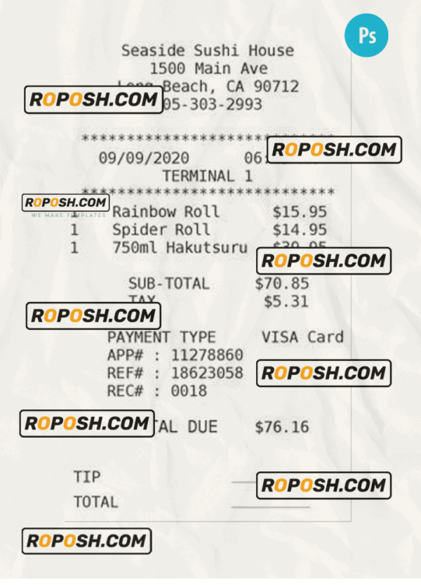 SEASIDE SUSHI HOUSE payment receipt PSD template