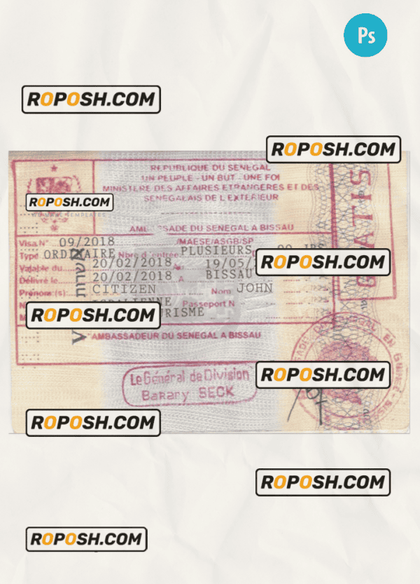 SENEGAL tourist visa stamp PSD template, with fonts