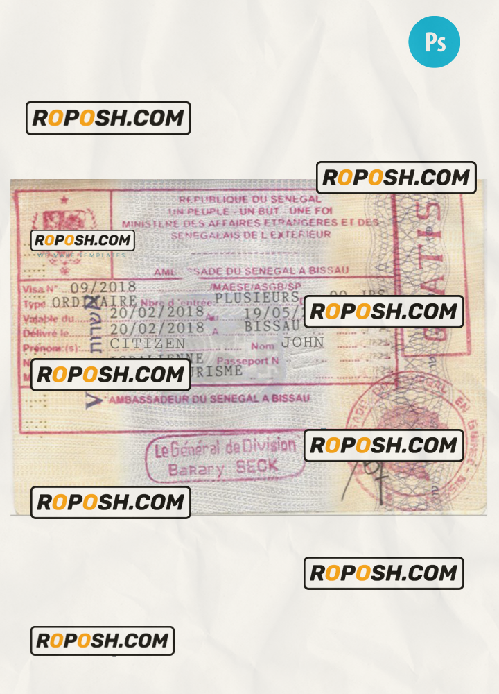 SENEGAL tourist visa stamp PSD template, with fonts scan effect