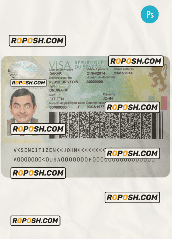 SENEGAL travel visa PSD template, completely editable, with fonts