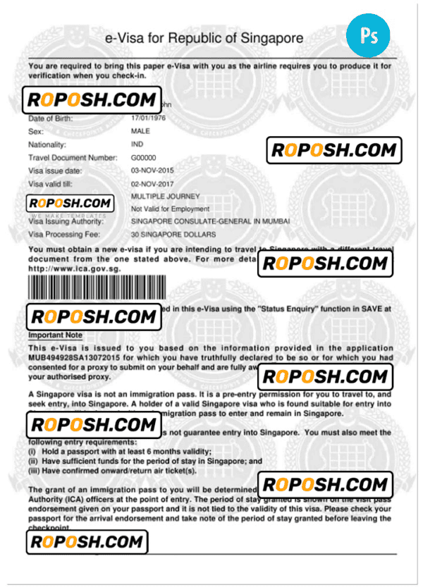 SINGAPORE electronic visa PSD template, completely editable, with fonts