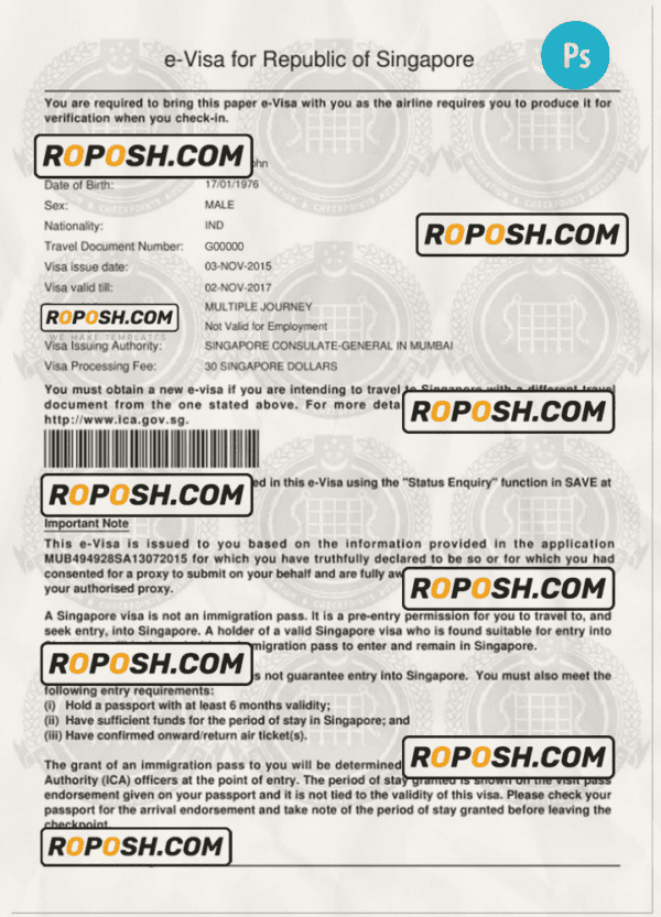 SINGAPORE electronic visa PSD template, completely editable, with fonts