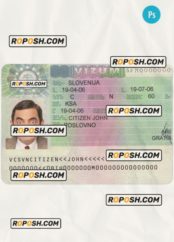 SLOVENIA Schengen travel visa PSD template, fully editable scan effect