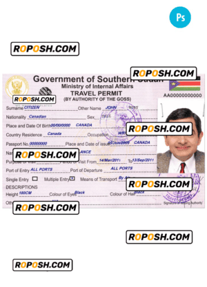 SOUTH SUDAN travel permit – visa PSD template, completely editable, with fonts