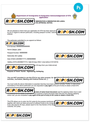 SRI LANKA electronic travel visa PSD template, with fonts
