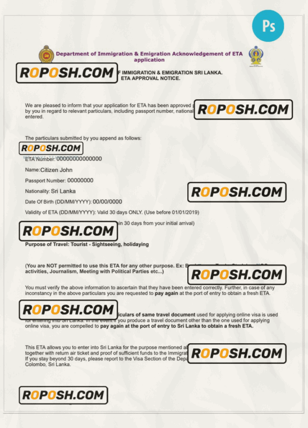 SRI LANKA electronic travel visa PSD template, with fonts