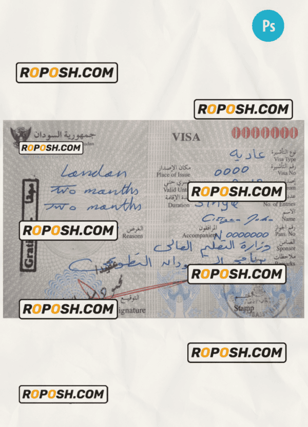 Sudan travel visa PSD template, completely editable, with fonts