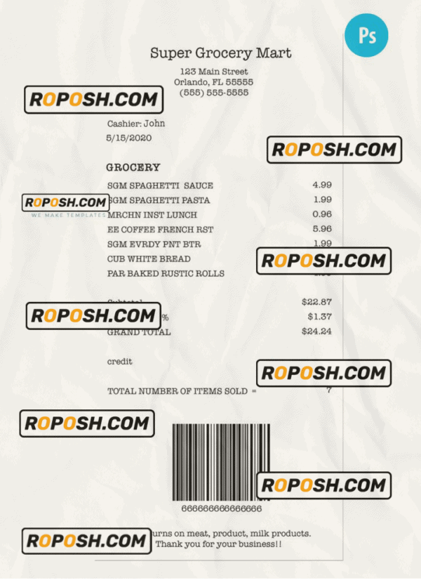 SUPER GROCERY MART payment check PSD template