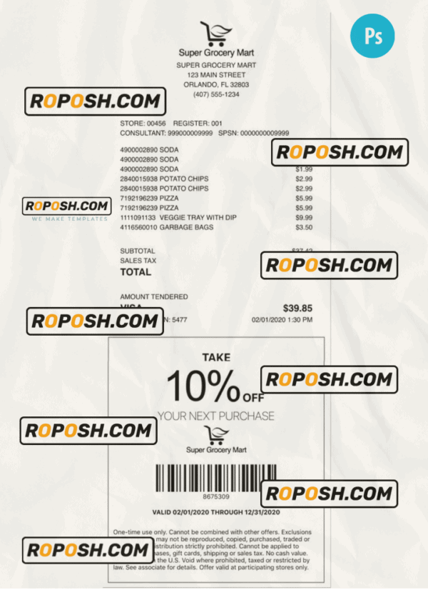 SUPER GROCERY MART payment receipt PSD template