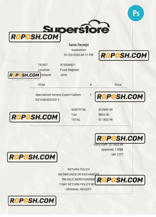 SUPERSTORE payment receipt PSD template