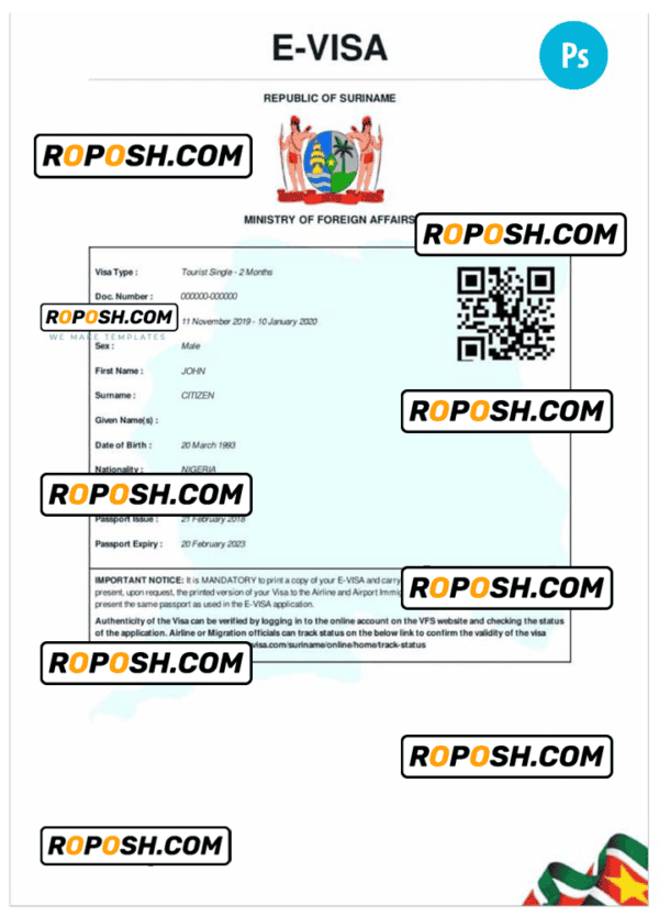 SURINAME electronic travel visa PSD template, with fonts