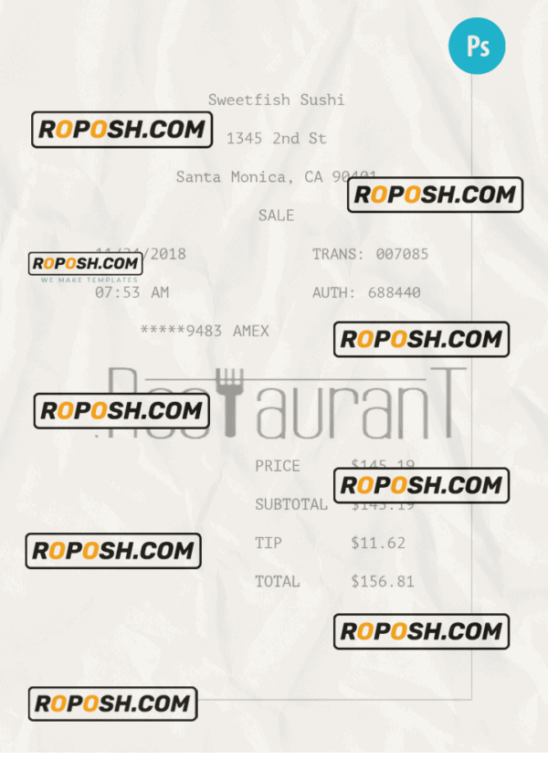 SWEETFISH SUSHI payment receipt PSD template