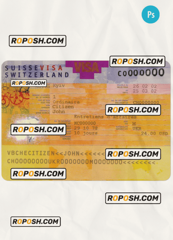 Switzerland travel visa PSD template, with fonts