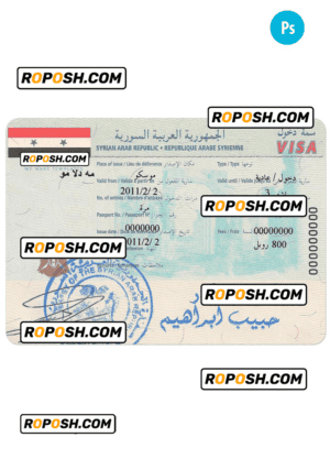 SYRIA travel visa PSD template, with fonts