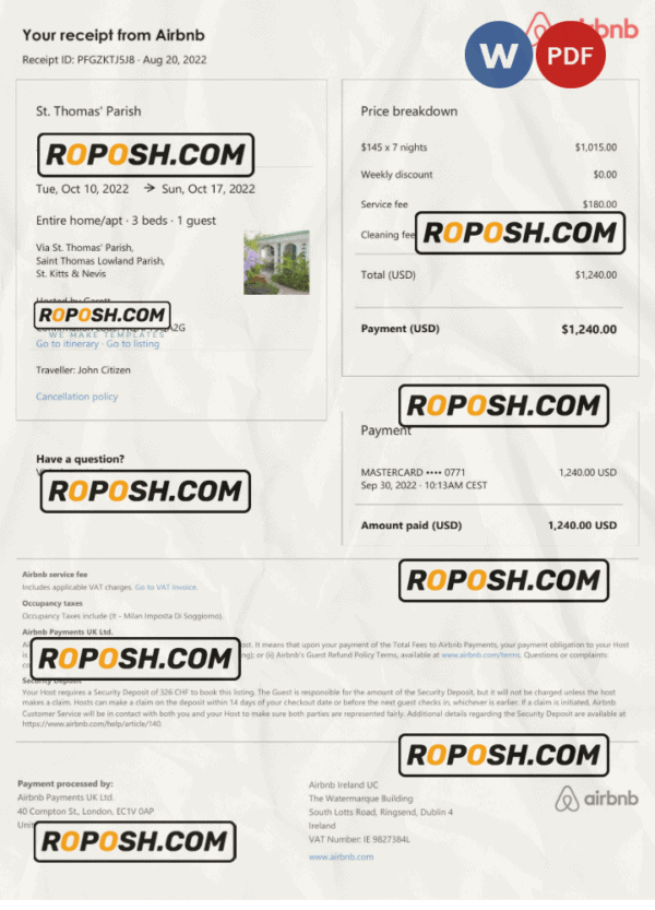 Saint Kitts and Nevis Airbnb booking confirmation Word and PDF template