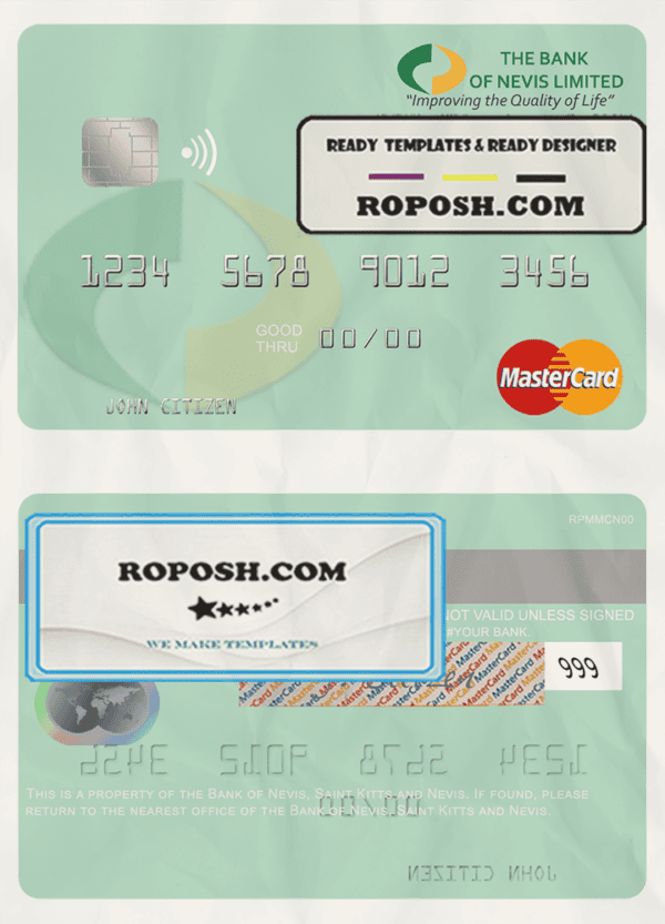Saint Kitts and Nevis Bank of Nevis mastercard credit card template in PSD format