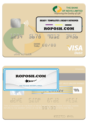Saint Kitts and Nevis Bank of Nevis visa debit card template in PSD format