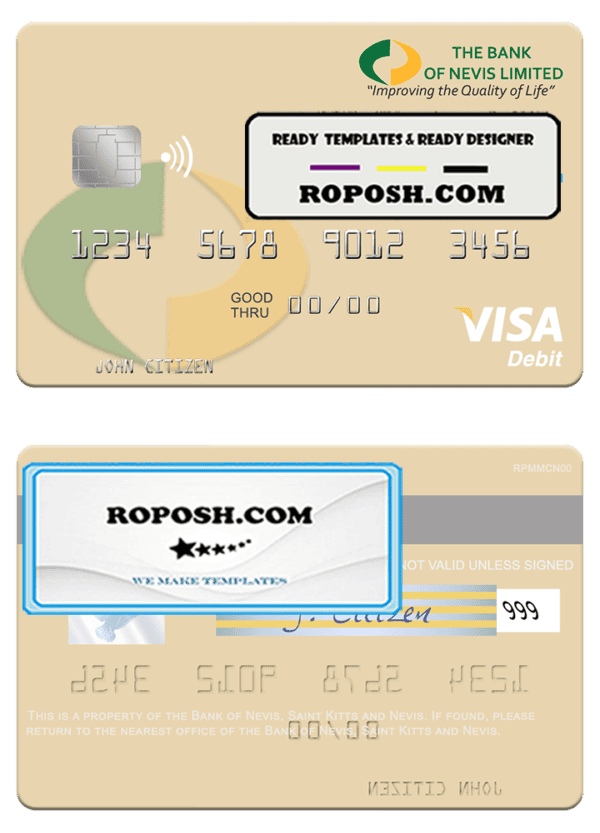 Saint Kitts and Nevis Bank of Nevis visa debit card template in PSD format