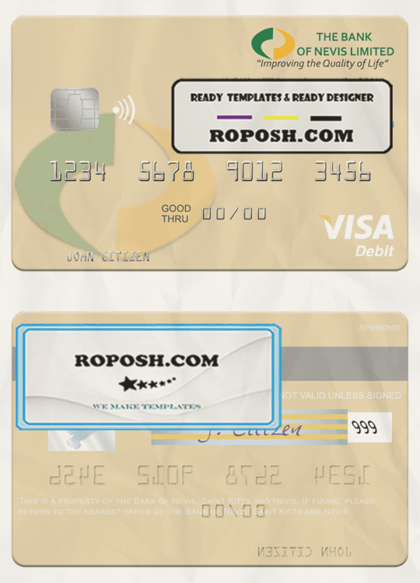 Saint Kitts and Nevis Bank of Nevis visa debit card template in PSD format