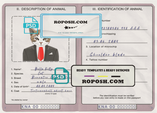 Saint Kitts and Nevis cat (animal, pet) passport PSD template, fully editable