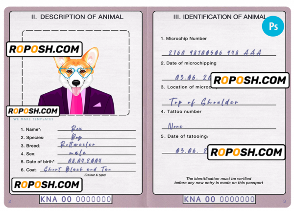Saint Kitts and Nevis dog (animal, pet) passport PSD template, fully editable