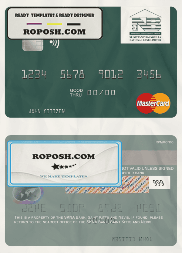 Saint Kitts and Nevis SKNA Bank mastercard credit card template in PSD format