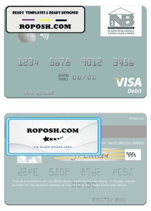 Saint Kitts and Nevis SKNA Bank visa debit card template in PSD format
