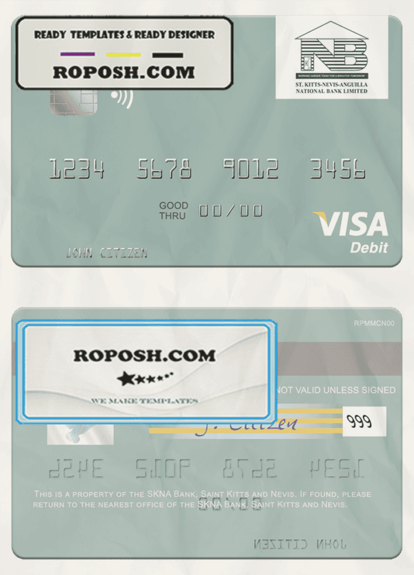 Saint Kitts and Nevis SKNA Bank visa debit card template in PSD format