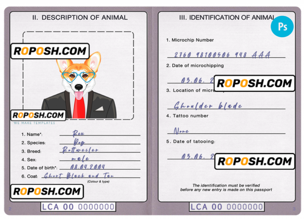 Saint Lucia dog (animal, pet) passport PSD template, completely editable