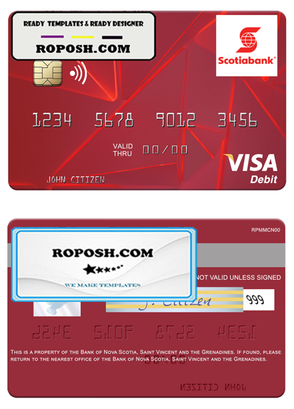 Saint Vincent and the Grenadines Bank of Nova Scotia visa debit card template in PSD format