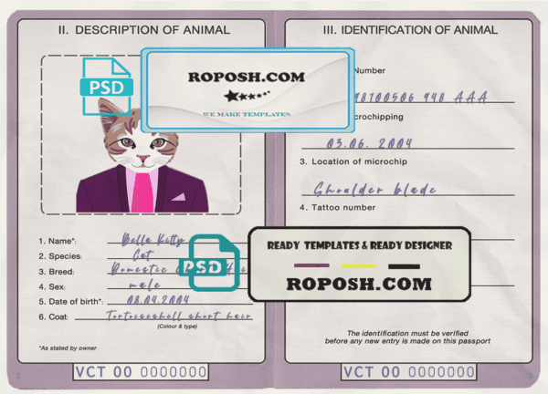 Saint Vincent and the Grenadines cat (animal, pet) passport PSD template, fully editable