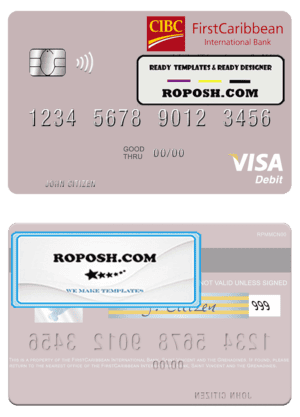Saint Vincent and the Grenadines FirstCaribbean International Bank visa debit card template in PSD format