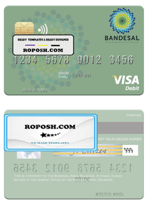 Salvador Bandesal Bank visa debit credit card template in PSD format, fully editable