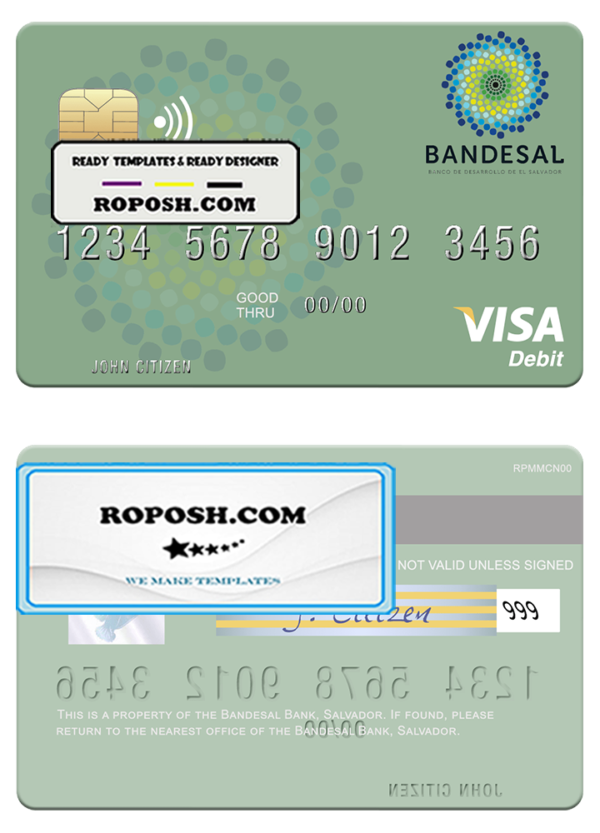 Salvador Bandesal Bank visa debit credit card template in PSD format, fully editable