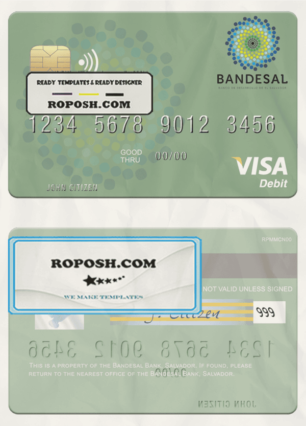 Salvador Bandesal Bank visa debit credit card template in PSD format, fully editable