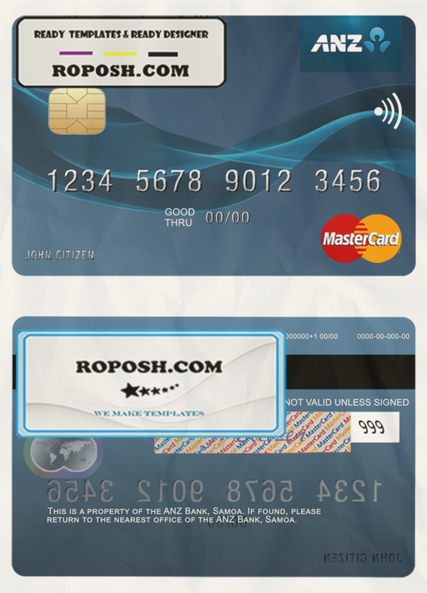 Samoa ANZ Bank mastercard credit card template in PSD format scan effect