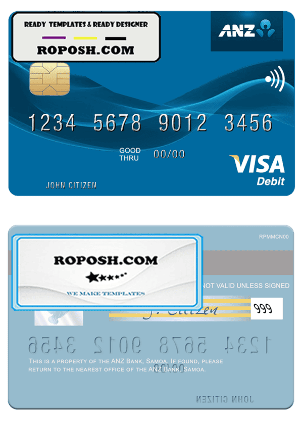 Samoa ANZ Bank visa debit card template in PSD format, fully editable