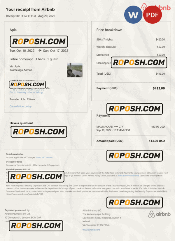 Samoa Airbnb booking confirmation Word and PDF template