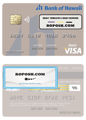 Samoa Bank of Hawaii visa debit card template in PSD format, fully editable