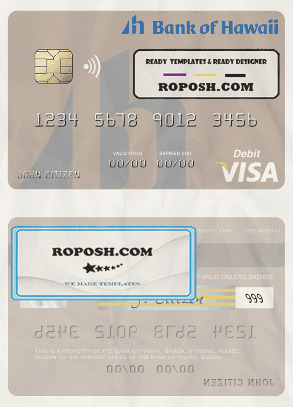 Samoa Bank of Hawaii visa debit card template in PSD format, fully editable