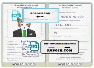 Samoa cat (animal, pet) passport PSD template, completely editable