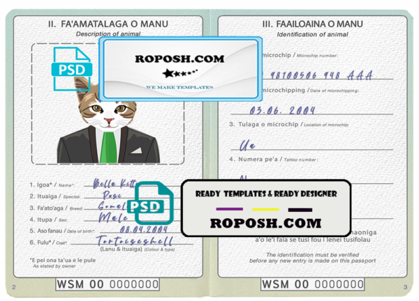 Samoa cat (animal, pet) passport PSD template, completely editable