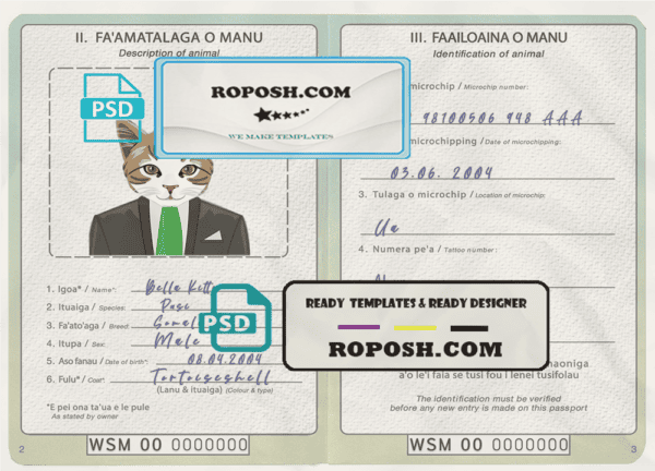 Samoa cat (animal, pet) passport PSD template, completely editable