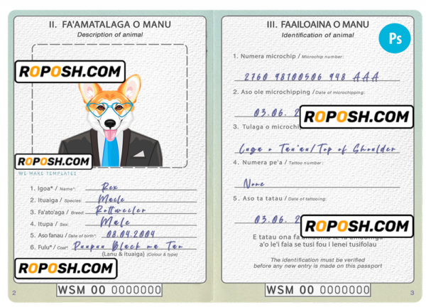 Samoa dog (animal, pet) passport PSD template, completely editable