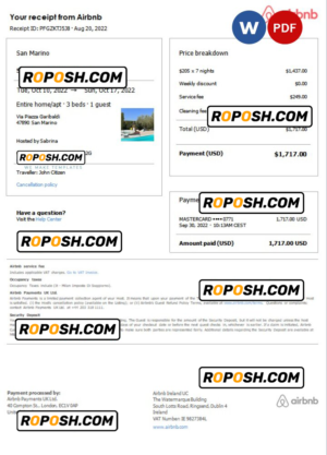 San Marino Airbnb booking confirmation Word and PDF template