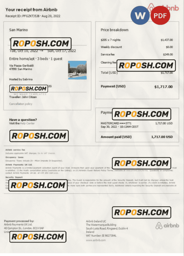 San Marino Airbnb booking confirmation Word and PDF template