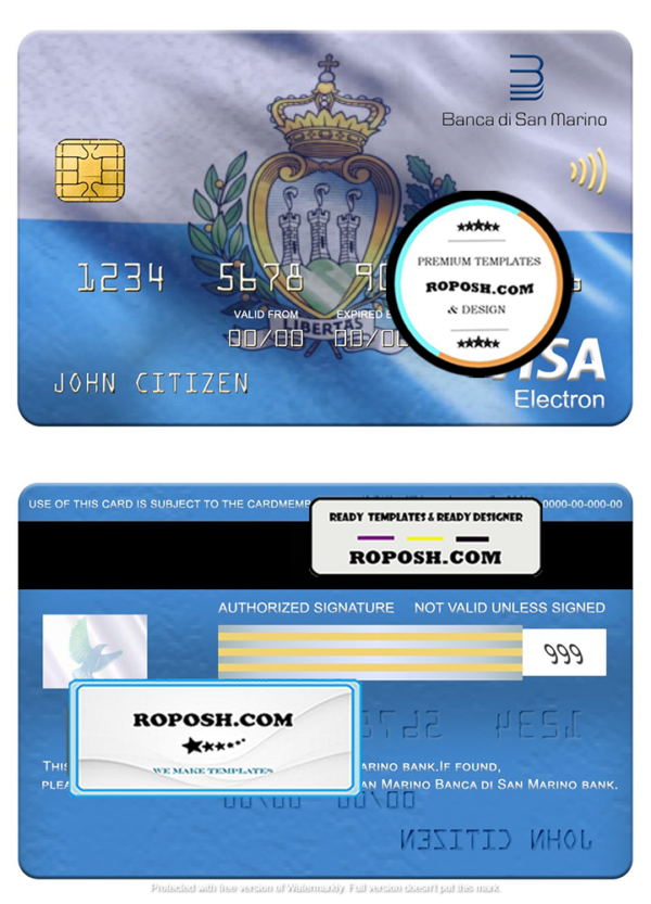 San Marino Banca di San Marino bank visa electron card, fully editable template in PSD format