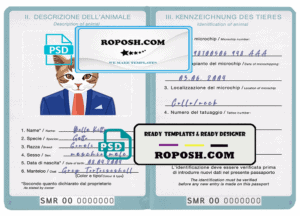 San Marino cat (animal, pet) passport PSD template, fully editable